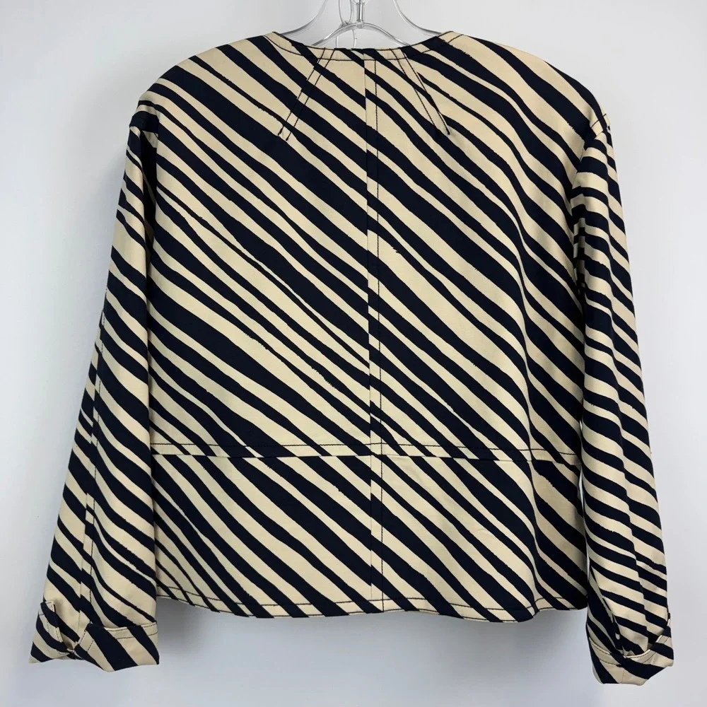Ann Taylor Womens XS Navy Cream Diagonal Stripe Cropped Jacket Snap Front Pocket